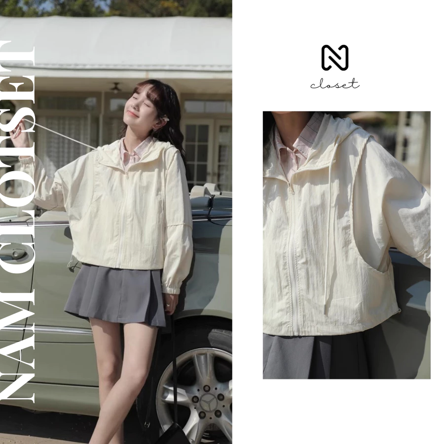 Áo khoác gió nhăn chống nắng mỏng nhẹ Nấm Closet thóang khí trơn basic phong cách Hàn Quốc NAMAKA21