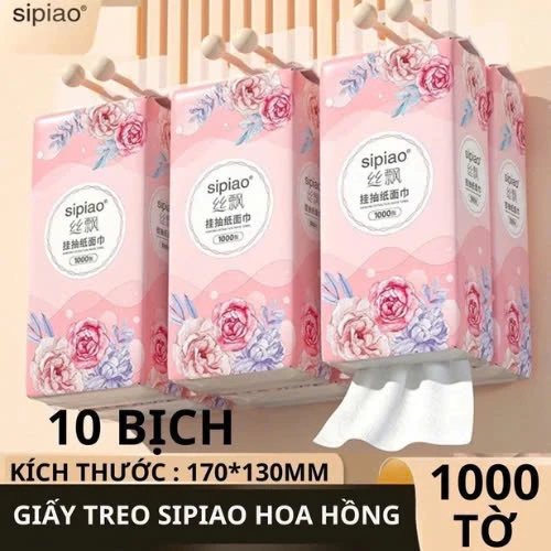 Thùng 10 Bịch Giấy Treo Đa Năng SIPIAO Hoa Hồng, Khăn Rút Treo Trường 4 Lớp mỗi bịch 1000 Tờ Loại 1, Tặng Kèm Móc Treo