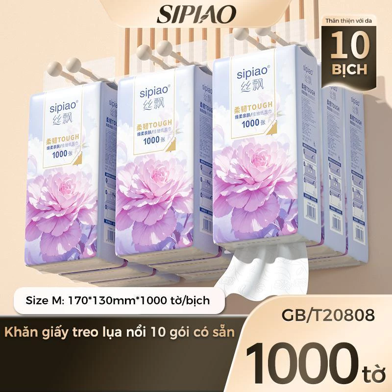 Thùng 10 Bịch Giấy Treo Đa Năng SIPIAO Hoa Mẫu Đơn, Khăn Rút Treo Trường 4 Lớp mỗi bịch 1000 Tờ ( Mẫu Mới Hót )
