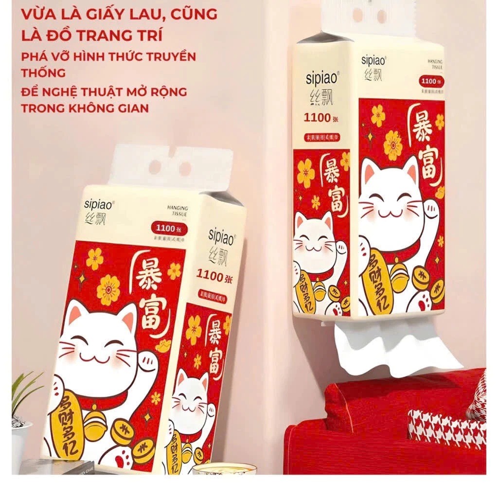Thùng 10 Bịch Giấy Treo Đa Năng SIPIAO Mèo Thần Tài, 4 Lớp mỗi bịch 1100 Tờ Hàng Nội Địa Trung, Tặng Kèm 4 Móc Treo