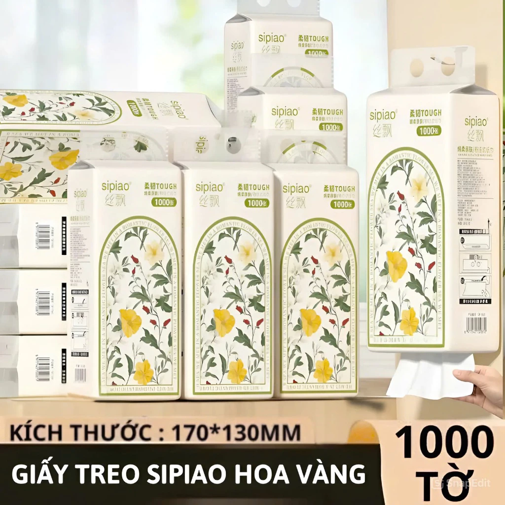 [ Mẫu Mới Hót ] Thùng 10 Bịch Giấy Treo Đa Năng SIPIAO Hoa Vàng, 4 Lớp mỗi bịch 1000 Tờ Loại 1, Tặng Kèm Móc Treo