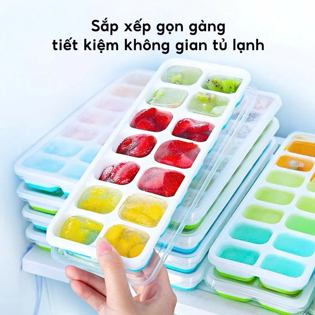 Khay Làm Đá Silicon Có Nắp Đậy Kháng Khuẩn Chống Mùi Tủ Lạnh, Khuôn Làm Đá , Làm Thạch Cao Cấp