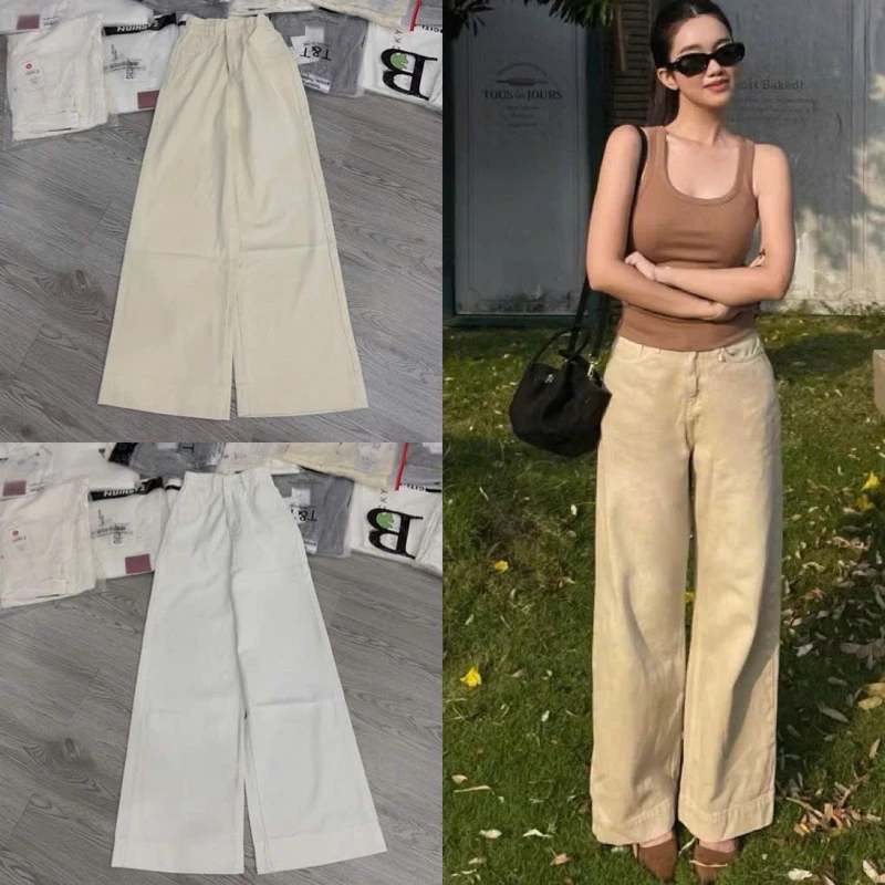 Quần bò ống suông gấu to trắng be dáng dài phom chuẩn lưng cao chất jeans cao cấp phong cách trẻ trung
