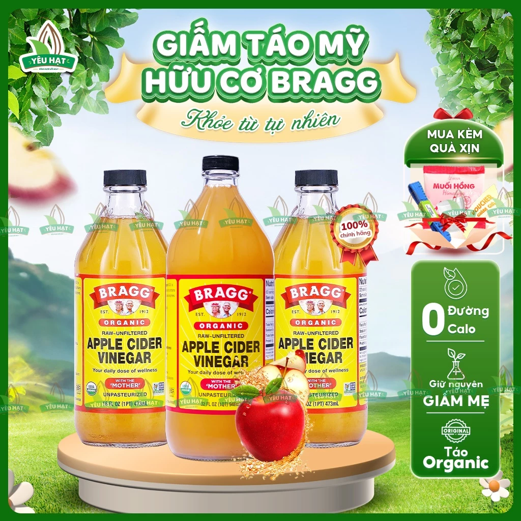[CHÍNH HÃNG +4 QUÀ] Giấm Táo Bragg Mỹ - Giấm Táo Hữu Cơ Giảm Cân Có Giấm Cái Detox Healthy