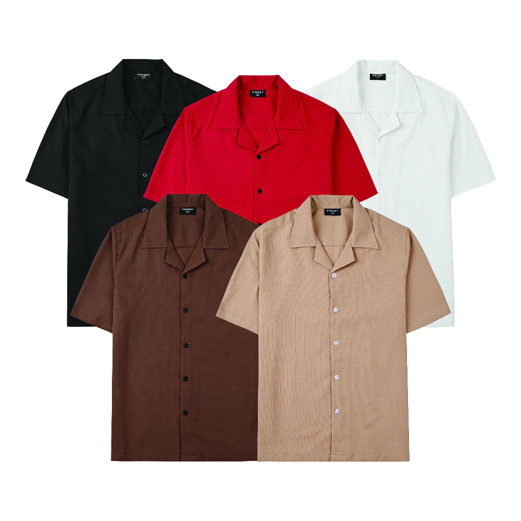 Áo Sơ Mi Tay Ngắn Vincent Cổ V Vải Linen Vân Xốp Cotton Co Giãn Nhẹ