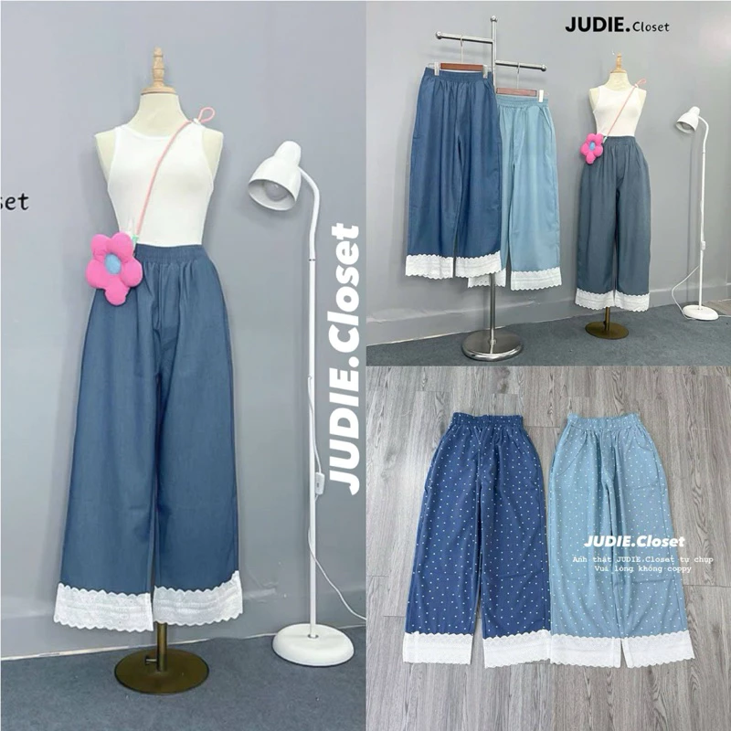 Quần Suông Nữ Ống Rộng Chất Bò Giấy Gấu Ren Cách Điệu,Quần Jean Giả Bò Nữ Cạp Chun JUDIE.Closet