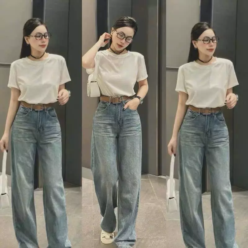 Quần Bò Jeans Nữ Ống Rộng, Quần Bò Denim Suông Ống Rộng Trơn Màu Xanh Bản Cạp Cao Siêu Hách Dáng Cực Đỉnh