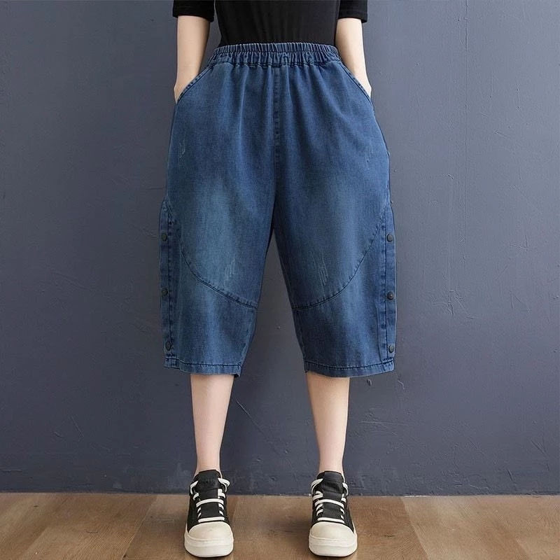 Quần Jean Lửng Dáng Baggy Thụng Cạp Chun Lưng Cao, Vải Jean Giấy Mềm Mịn