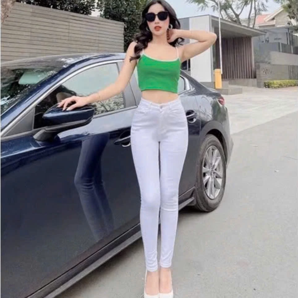 Quần jean nữ màu trắng dáng ôm body chất co giãn, quần bò nữ lưng cao 9 tấc Bi shop ms701