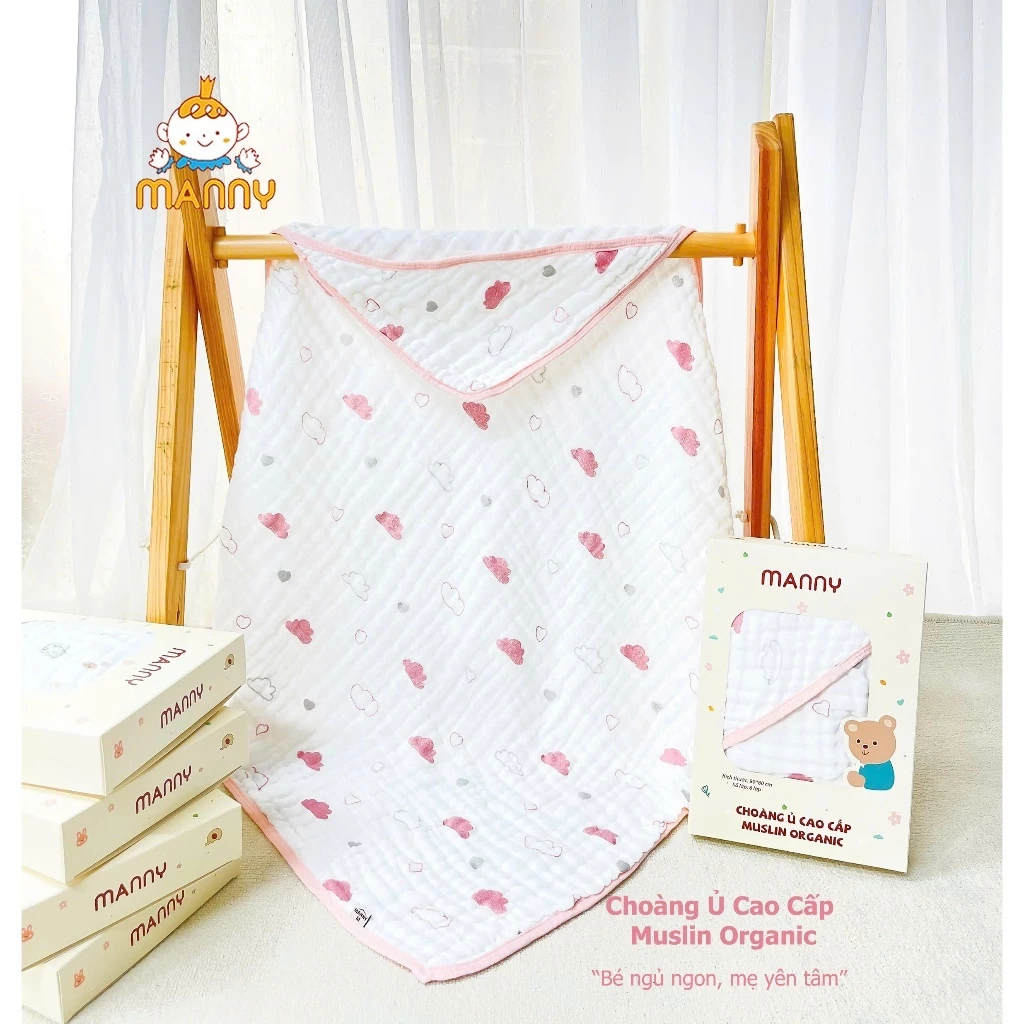 Ủ Choàng Muslin 6 Lớp Organic Manny, Chăn Ủ Mềm Mại, Thoáng Mát, Thấm Hút Mồ Hôi Cho Bé Size 80x80cm