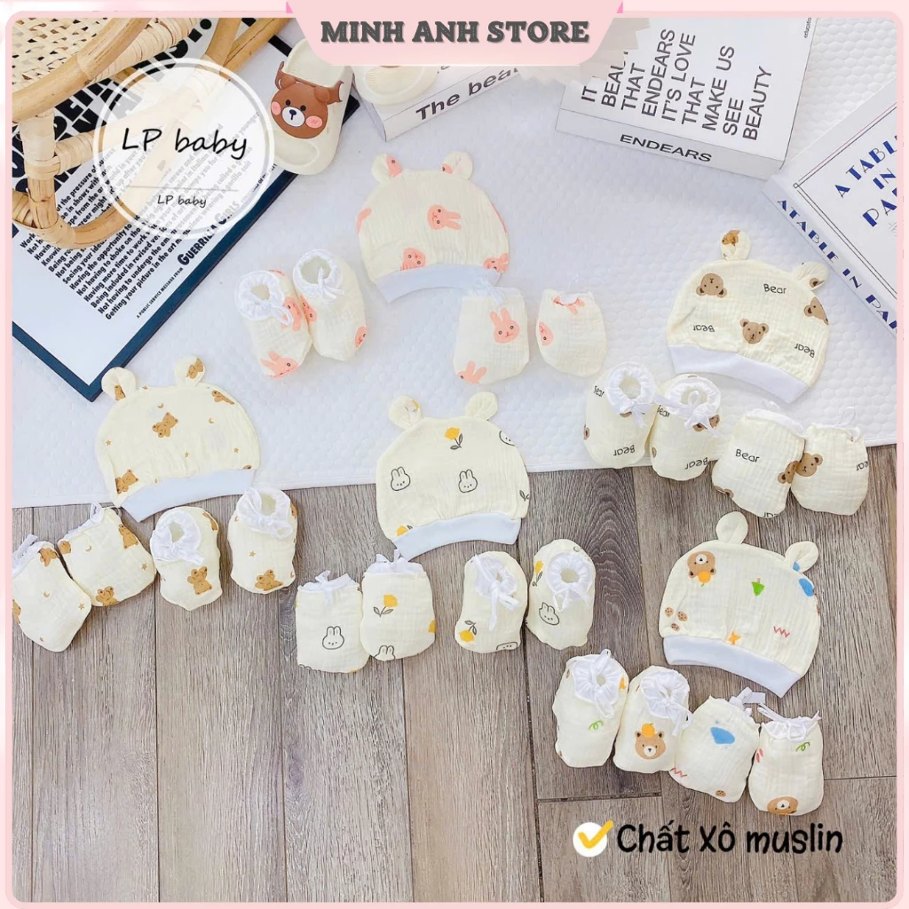 Set bao tay bao chân mũ cho bé sơ sinh chất MUSULIN thoáng khí họa tiết dễ thương