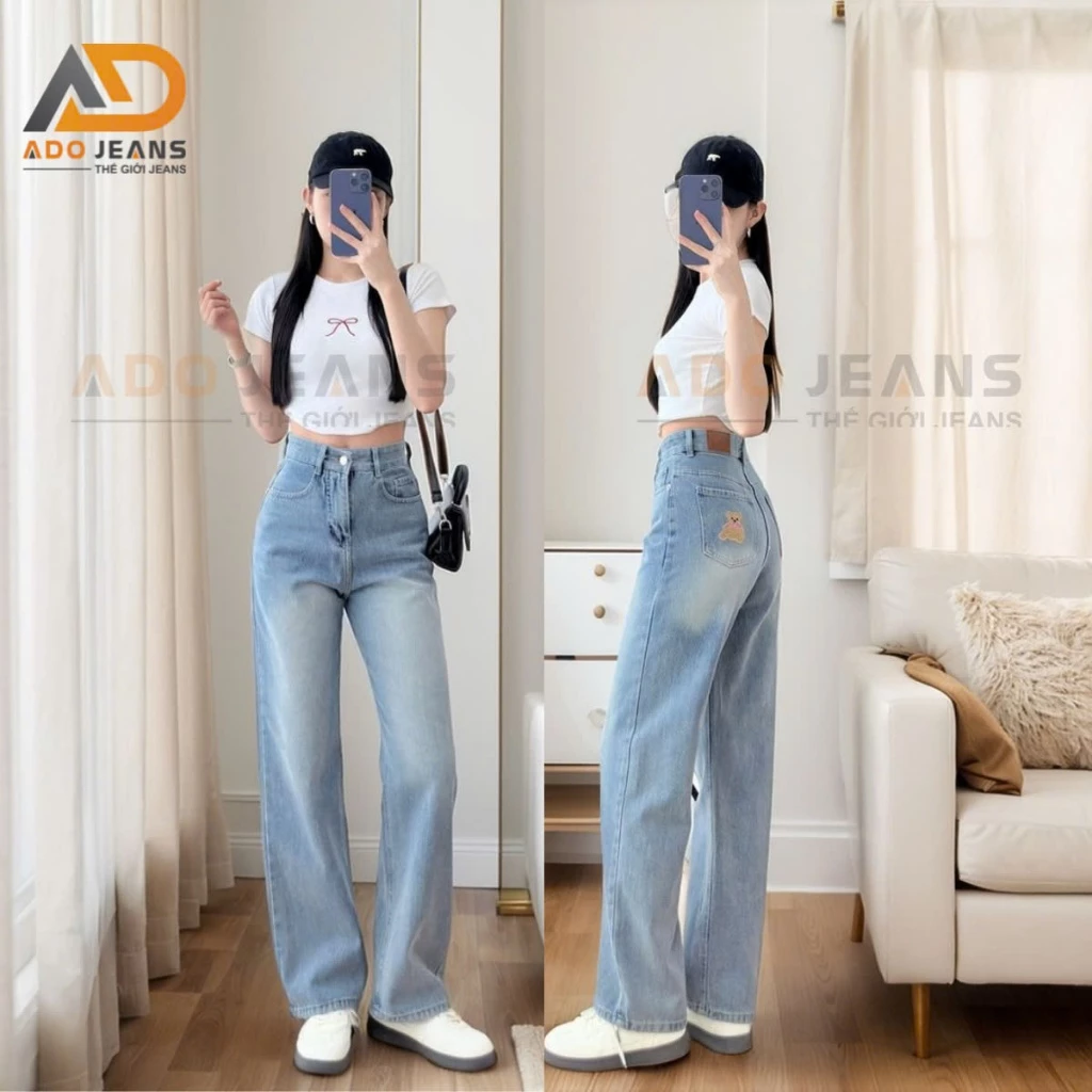 Quần jean dài nữ ống suông, cạp quần cao túi thêu gấu nơ kiểu xinh xắn ADO JEANS (Mã DJ02)