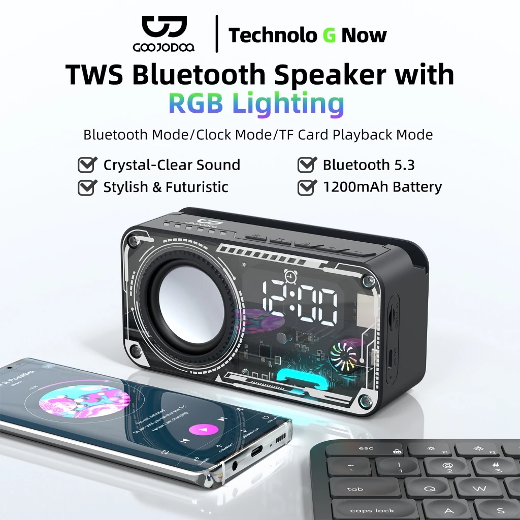 Loa báo thức không dây Bluetooth 5.3 GOOJODOQ Thiết kế kiểu dáng cơ học Màn hình LED hiển thị thời gian với đèn RGB