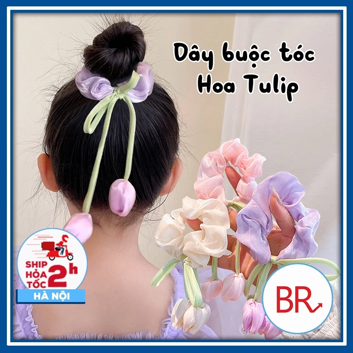 Dây buộc tóc scrunchies đính hoa tulip đáng yêu- Nơ búi tóc hoa Tulip ngọt ngào, dễ thương thanh lịch dành cho nữ 02812