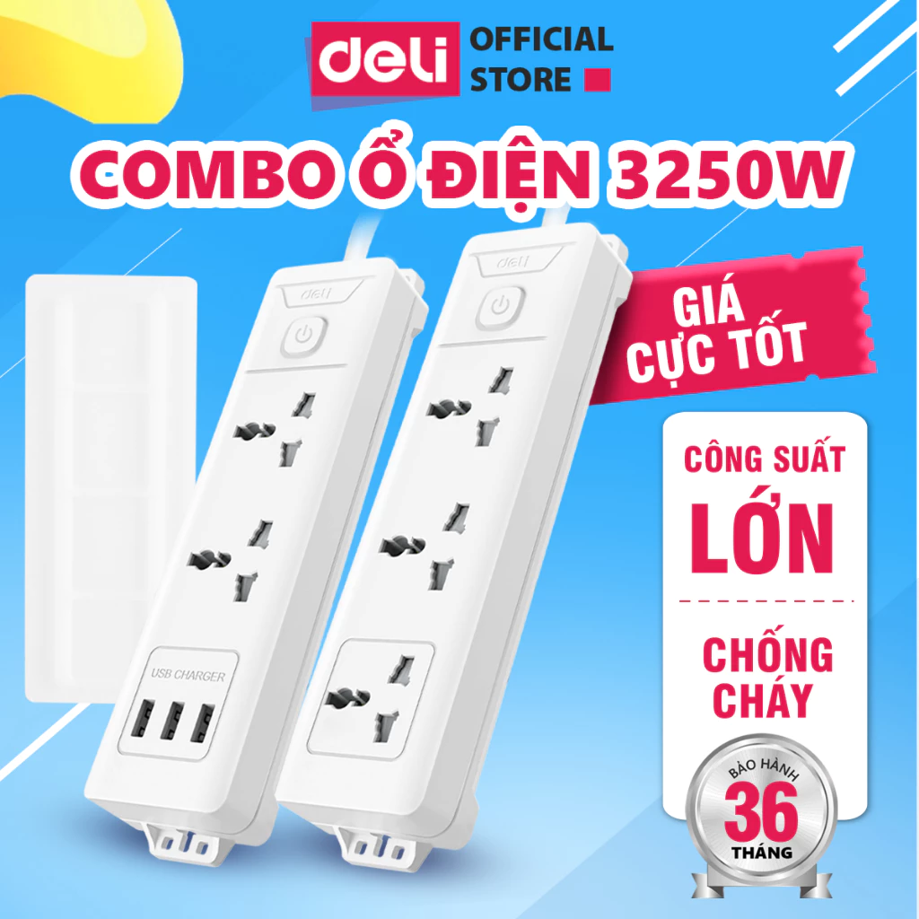 [COMBO DEAL HỜI] Ô Cắm Điện DELI Công Suất Lớn 3250W Ổ Điện Đa Năng Chịu Tải Cao Sạc USB Tiết Diện Dây Đồng Lớn