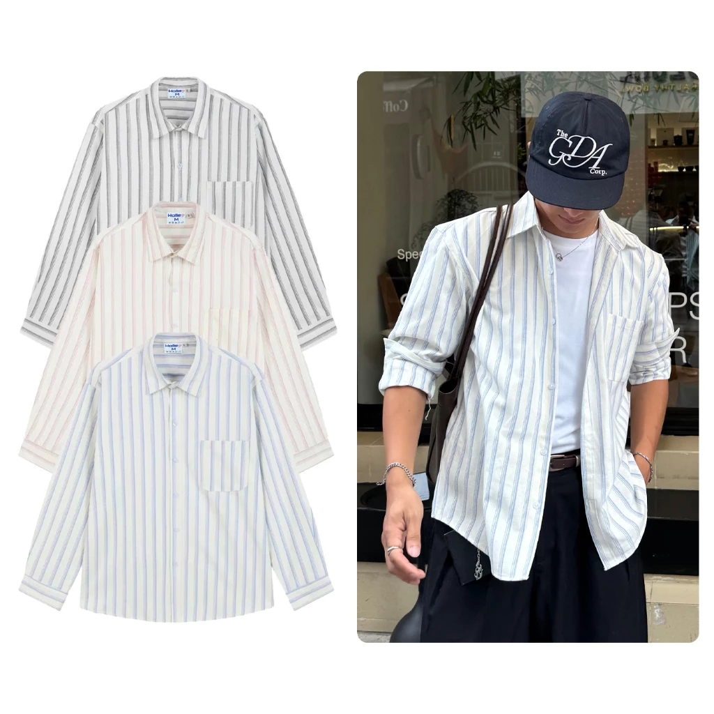 Áo Sơ Mi Nam Form Rộng Vải Oxford Cao Cấp Phối Sọc Thời Trang Halley A18
