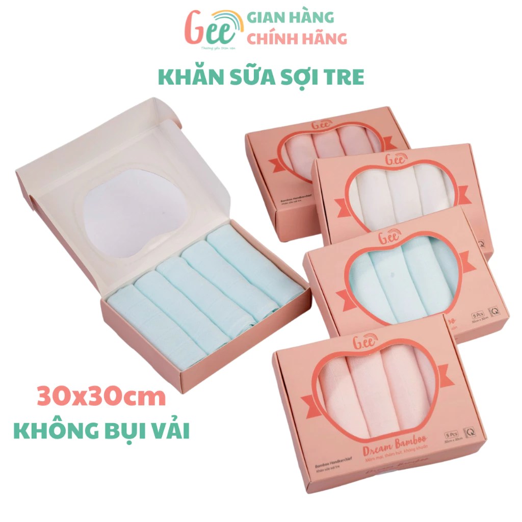 Khăn Sữa Gee Cho Bé - Set 5 khăn sợi tre/muslin mịn màng, kháng khuẩn, an toàn cho bé sơ sinh.