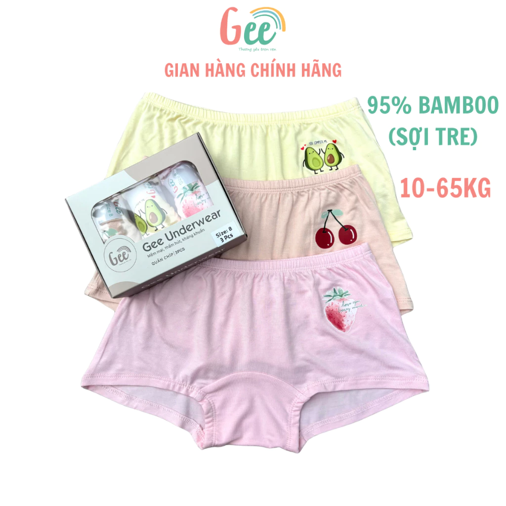 Quần chip cho bé gái Gee sợi tre HOA QUẢ, set 3 chip đùi hình trái cây dễ thương 10-65kg,mềm mịn, thấm hút, co giãn
