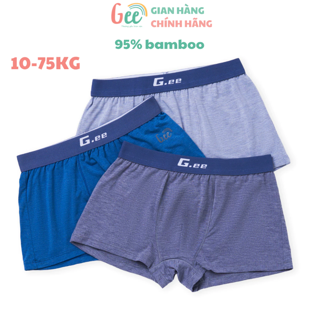 Quần sịp đùi bé trai Gee, set 3 quần boxer nam XANH XÁM, vải sợi tre mềm mịn mát, co giãn, sx tại VN, size 10-75kg-S4