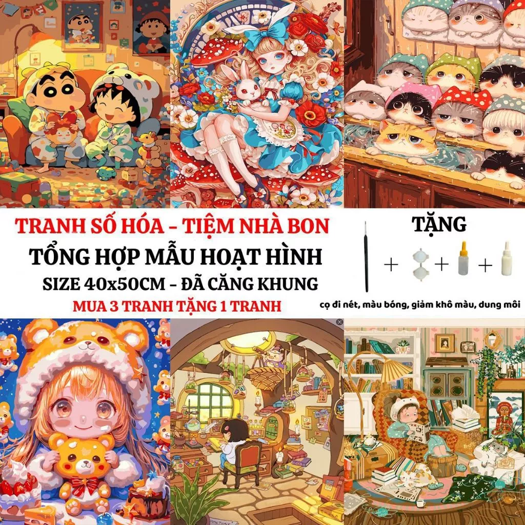 (40X50cm-CÓ BACKBOARD) Tranh tô màu theo số HOẠT HÌNH 3D sẵn khung, cọ vẽ, màu vẽ