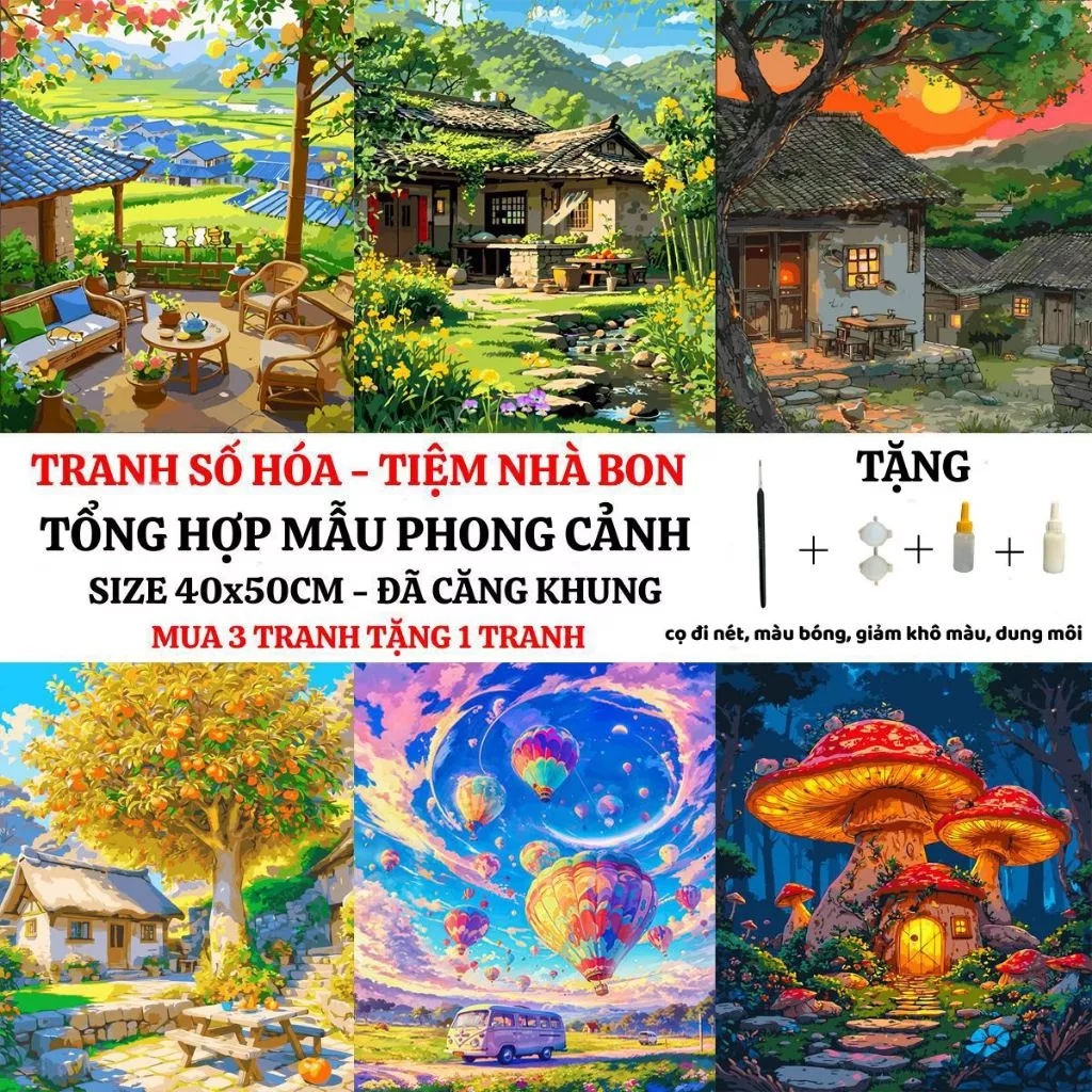 (40X50cm-CÓ BACKBOARD) TỔNG HỢP các mẫu tranh tô màu theo số PHONG CẢNH có sẵn khung, cọ vẽ, màu vẽ