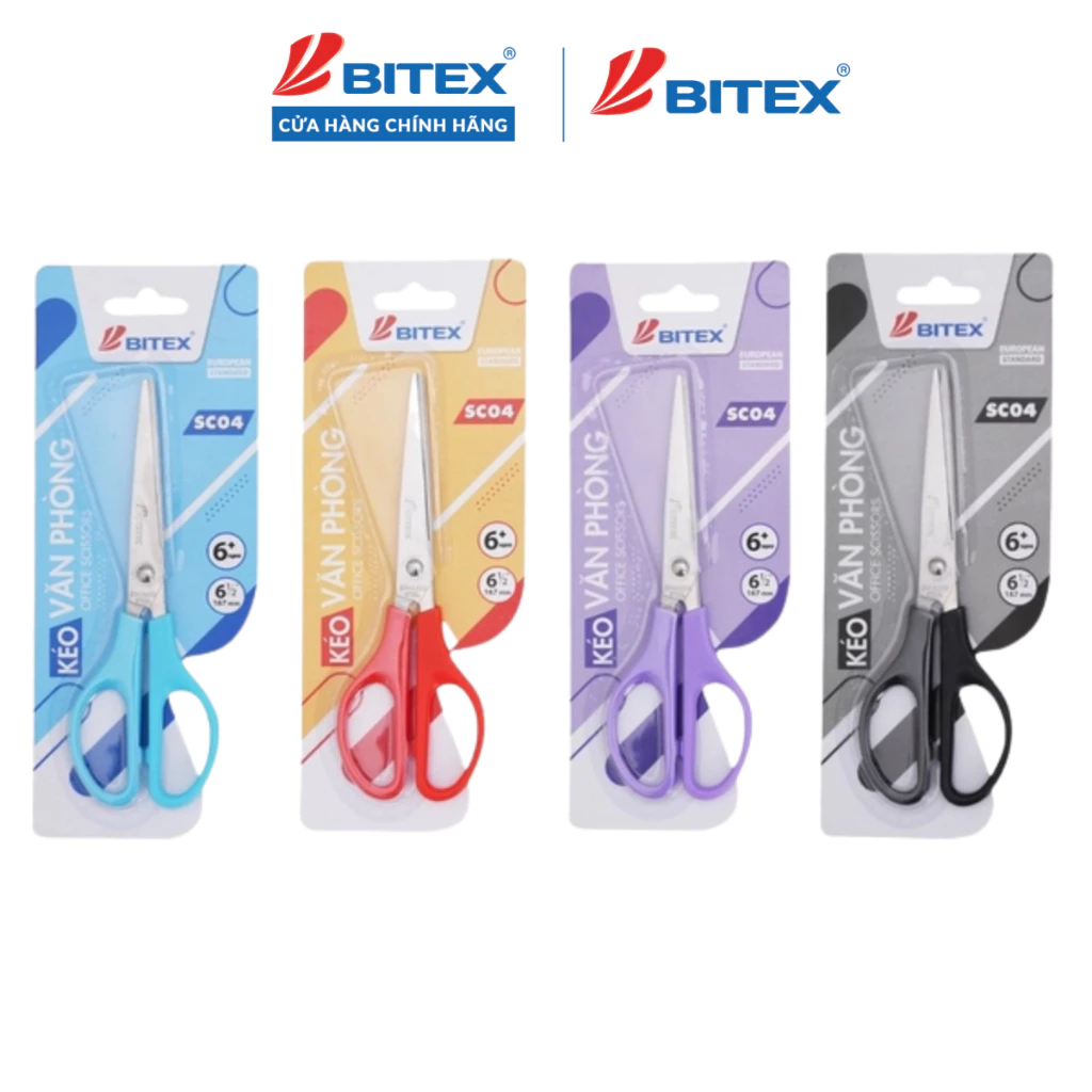 [XẢ KHO] Kéo văn phòng Bitex SC04 màu Đỏ / Đen / Tím/ Xanh dương dùng cho văn phòng, lưỡi thép không rỉ cắt bén