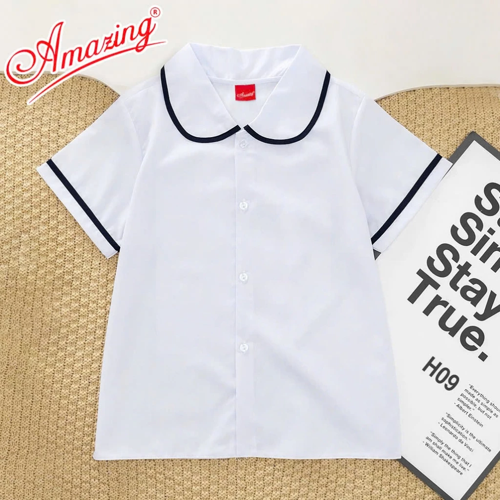Áo trắng cổ lá sen, vải kate silk hút mồ hôi, tay phồng cho bé gái đi học, size đến 65kg, Amazing