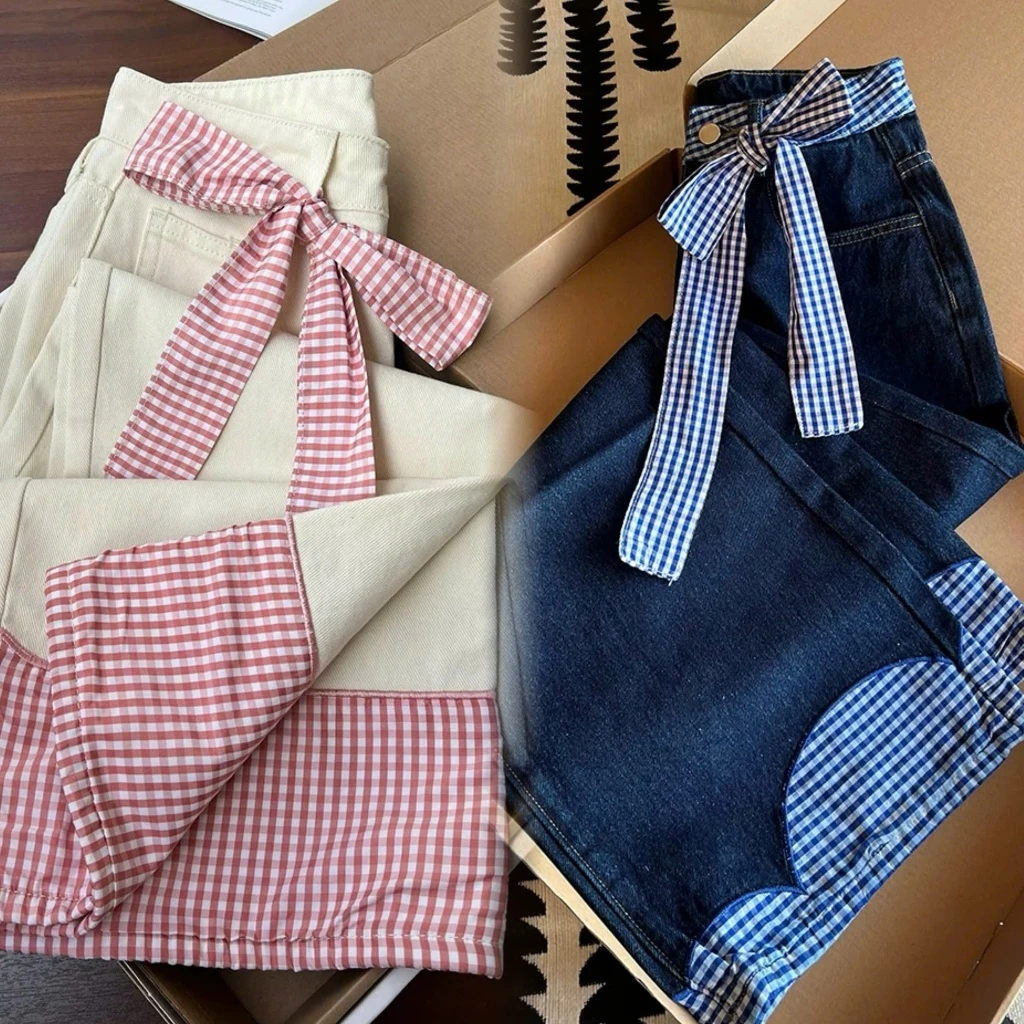 Quần jean ống xuông lưng cao phối nơ caro siêu xinh, Quần bò ống rộng xanh nơ basic đơn giản dễ phối đồ (HC25)