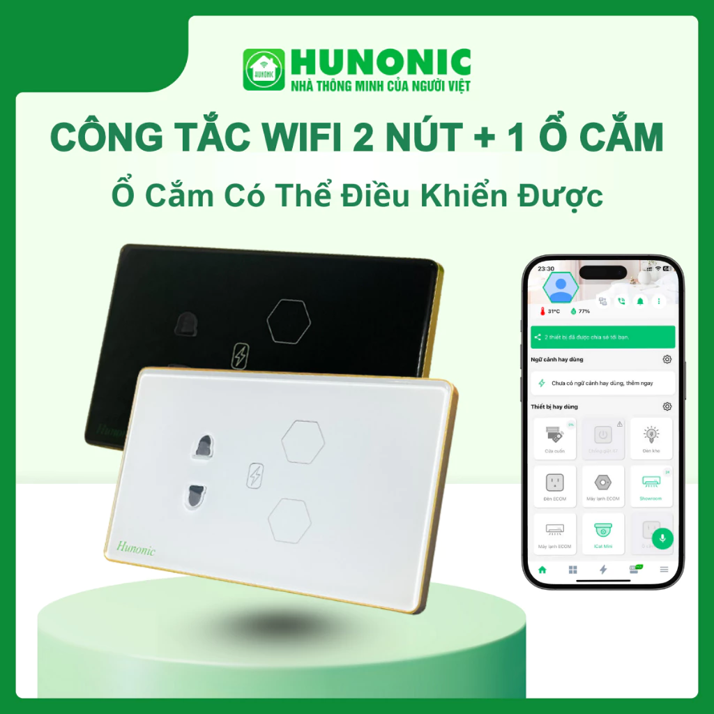 Công Tắc Cảm Ứng WiFi Hunonic 2 Nút Kèm 1 Ổ HCN Viền Vàng, Bật Tắt Hẹn Giờ Từ Xa, Hoạt Động Độc Lập