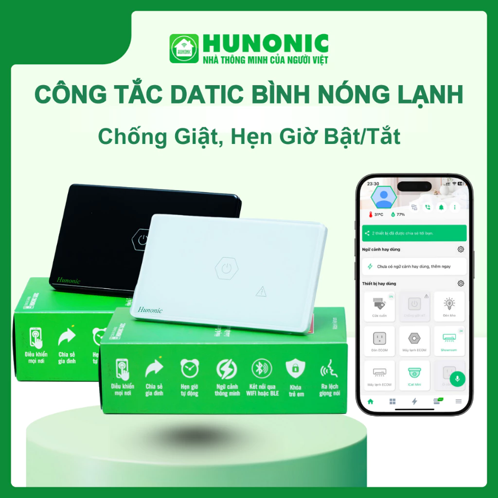 Công Tắc Cảm Ứng Hunonic Datic CSL WiFi Chống Giật Bình Nóng Lạnh Điều Hoà, Hẹn Giờ Điều Khiển Từ Xa