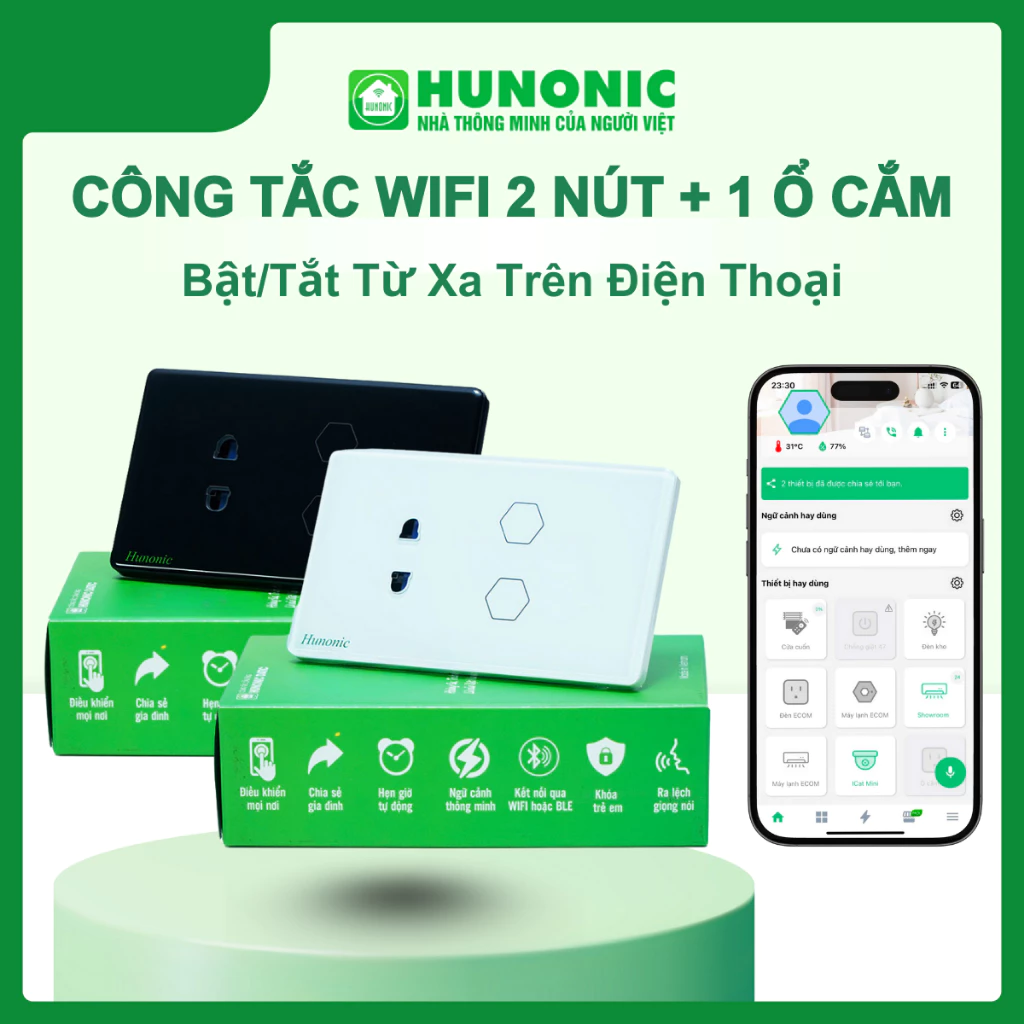 Công Tắc WiFi Thông Minh Cảm Ứng Hunonic Datic 2 Nút 1 Ổ, Điều Khiển Qua Điện Thoại, Hẹn Giờ Bật Tắt