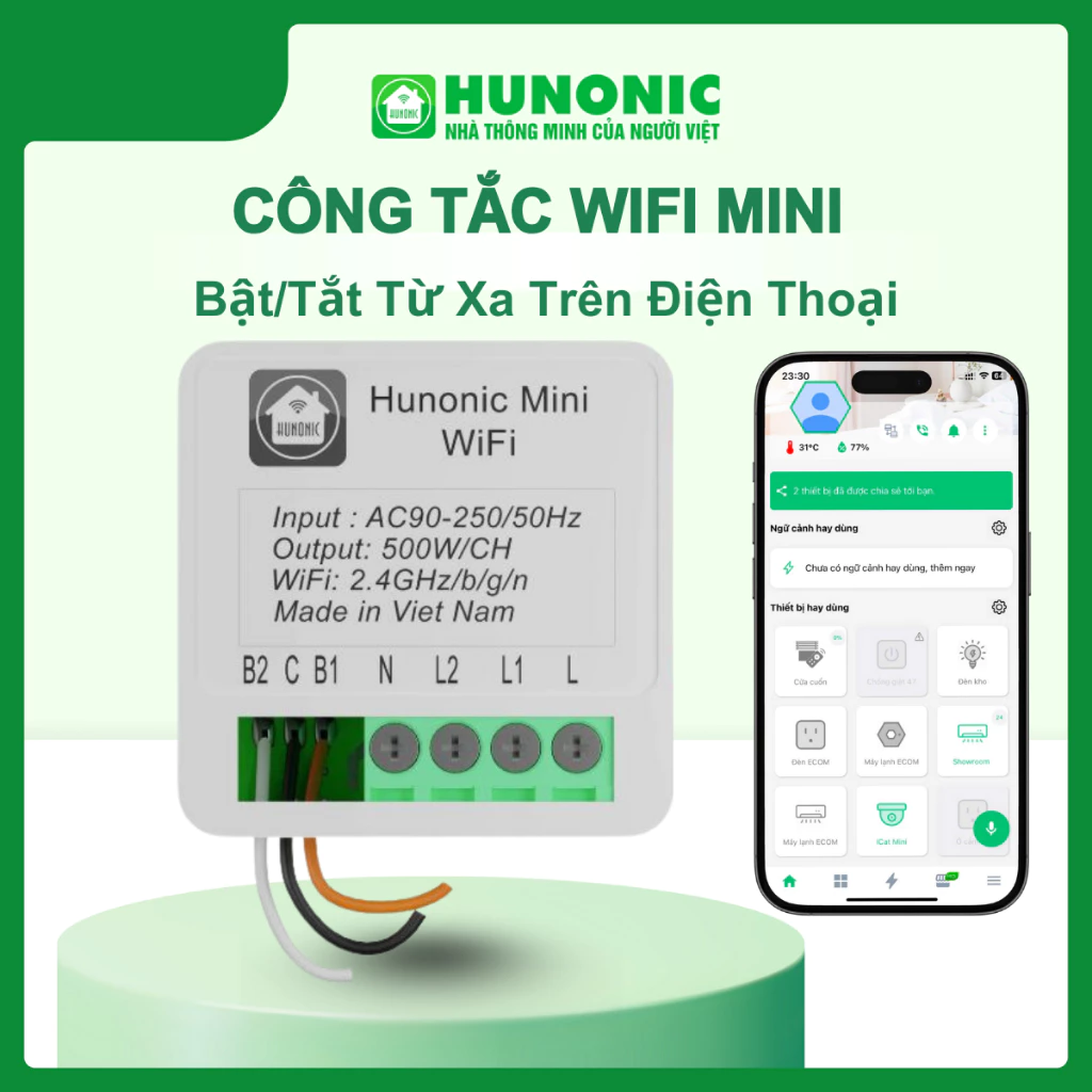 Công Tắc WiFi Mini Hunonic Hẹn Giờ Bật Tắt Qua Điện Thoại, Điều Khiển Giọng Nói, App Tiếng Việt