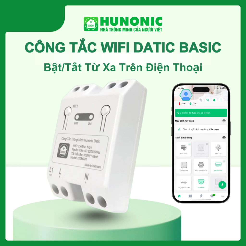 Công Tắc Thông Minh WiFi Hunonic Datic Basic 500W DTBS01, Hẹn Giờ Điều Khiển Từ Xa, App Tiếng Việt