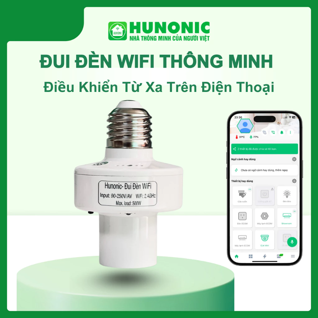 Đui Đèn Thông Minh WiFi Hunonic 500W, Hẹn Giờ Bật Tắt Từ Xa Trên Điện Thoại, Điều Khiển Giọng Nói