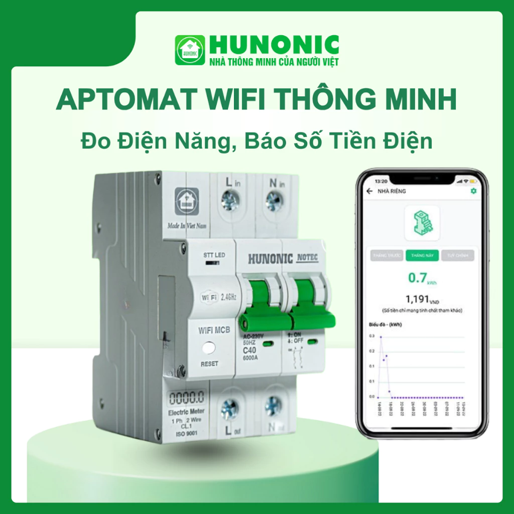 CB Aptomat, Cầu Dao WiFi Thông Minh Hunonic Notec 40/63/80A, Điều khiển Từ Xa, Đo Điện Năng