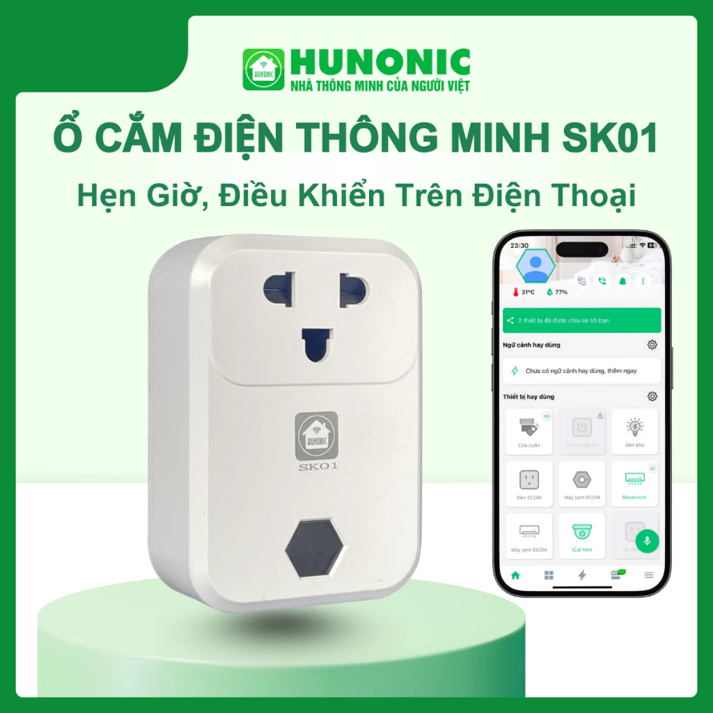Ổ Cắm Wifi Thông Minh Hunonic SK01, SK02 Hẹn Giờ Từ Xa, Điều Khiển Giọng Nói, App Tiếng Việt