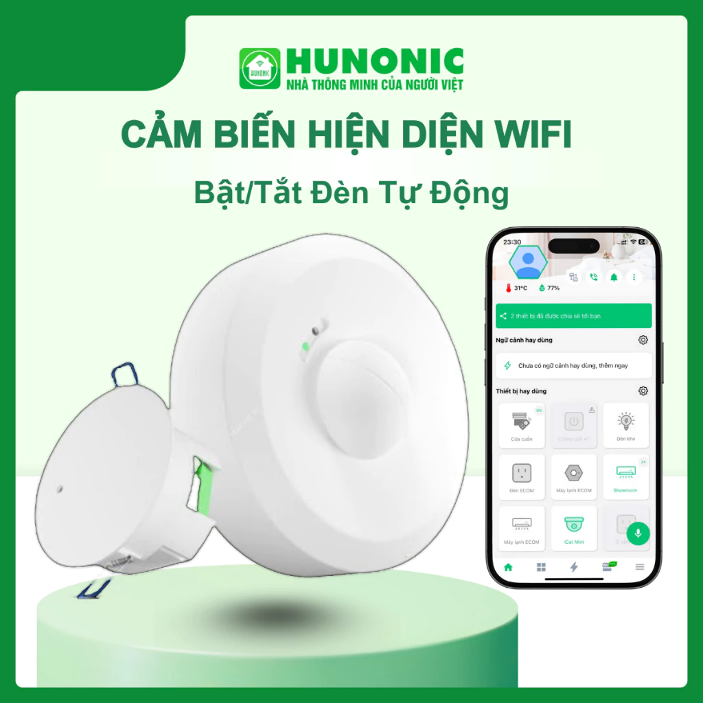 Cảm Biến Hiện Diện Ốp Trần, Âm Trần WiFi Hunonic HPR, Cảm Biến Phát Hiện Người, Bật Tắt Đèn Tự Động