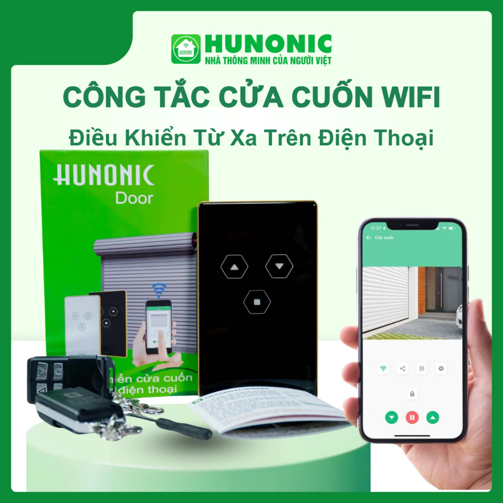 Công Tắc Cửa Cuốn Thông Minh WiFi + BLE Hunonic Door, Điều Khiển Từ Xa, Kèm 2 Remote, BH 24 Tháng