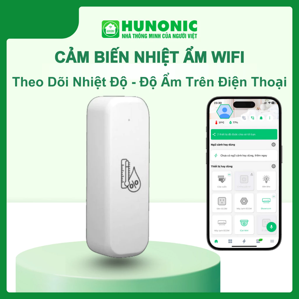 Cảm Biến Nhiệt Độ và Độ Ẩm Hunonic WiFi/Bluetooth Kiểm Soát Môi Trường, Tích Hợp Ngữ Cảnh Thông Minh
