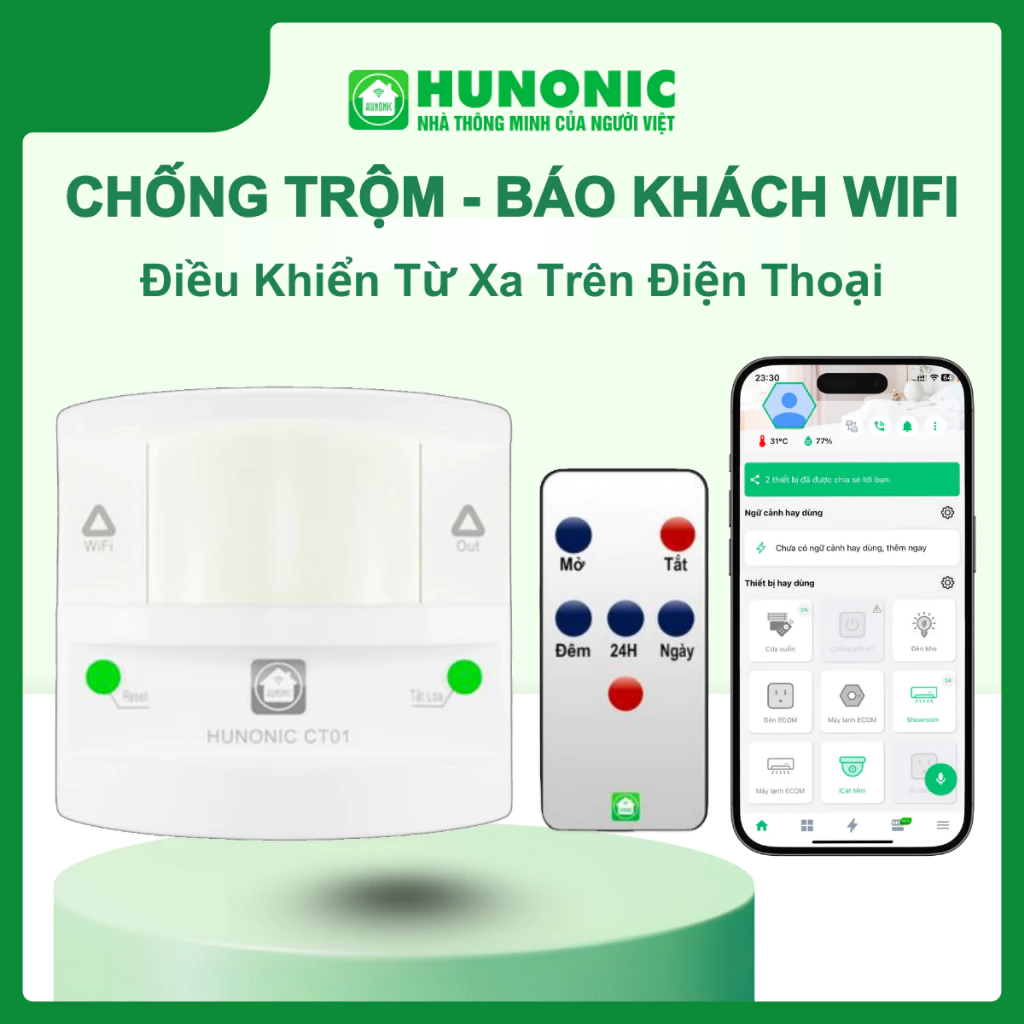 Thiết Bị Chống Trộm Báo Khách WiFi Hunonic CT01, Phát Hiện Chuyển Động, Còi Hú Cảnh Báo Qua App