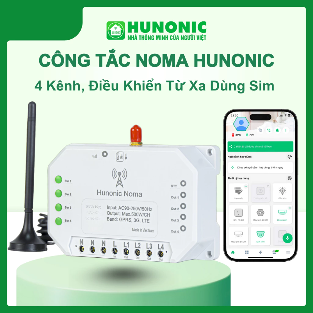 Công tắc Hunonic Noma 4CH Dùng Sim Không Cần WiFi, Điều Khiển Từ Xa, Tạo Ngữ Cảnh, App Tiếng Việt