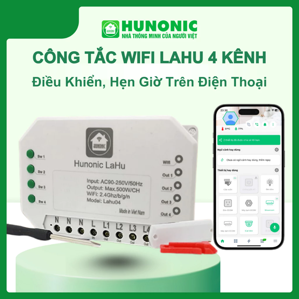 Công Tắc Thông Minh Lahu 4 Kênh Hunonic 500W/Kênh, Điều Khiển Từ Xa, Tạo Ngữ Cảnh, App Tiếng Việt