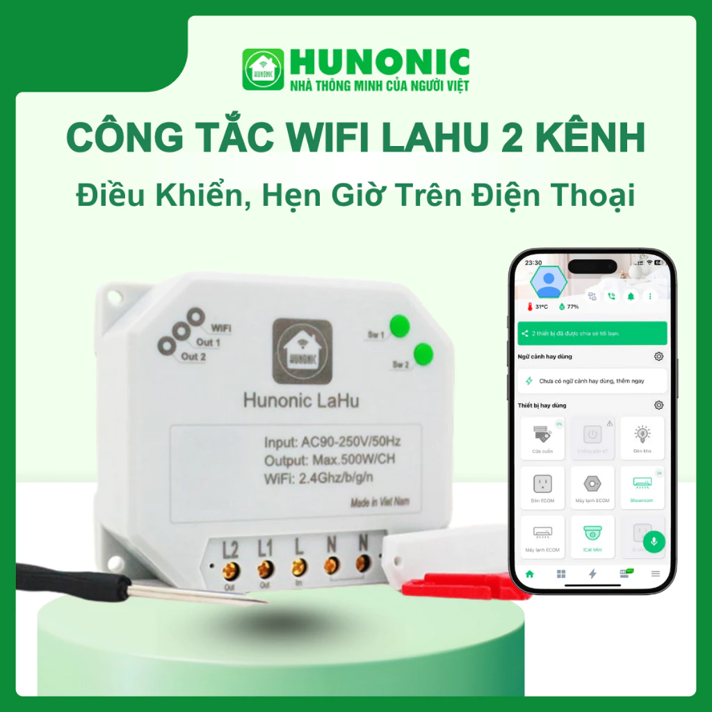 Công Tắc WiFi Thông Minh Lahu 2 Kênh Hunonic (500W/1 kênh), Điều Khiển Thiết Bị Từ Xa Qua Điện Thoại