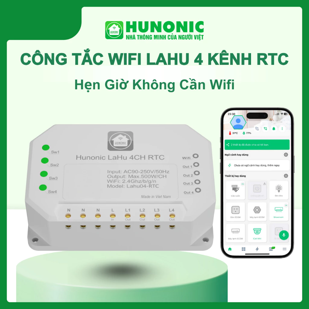 Công Tắc Thông Minh Lahu 04 RTC Tích Hợp IC Thời Gian Thực, Điều Khiển Từ Xa, Hẹn Giờ Không Cần WiFi