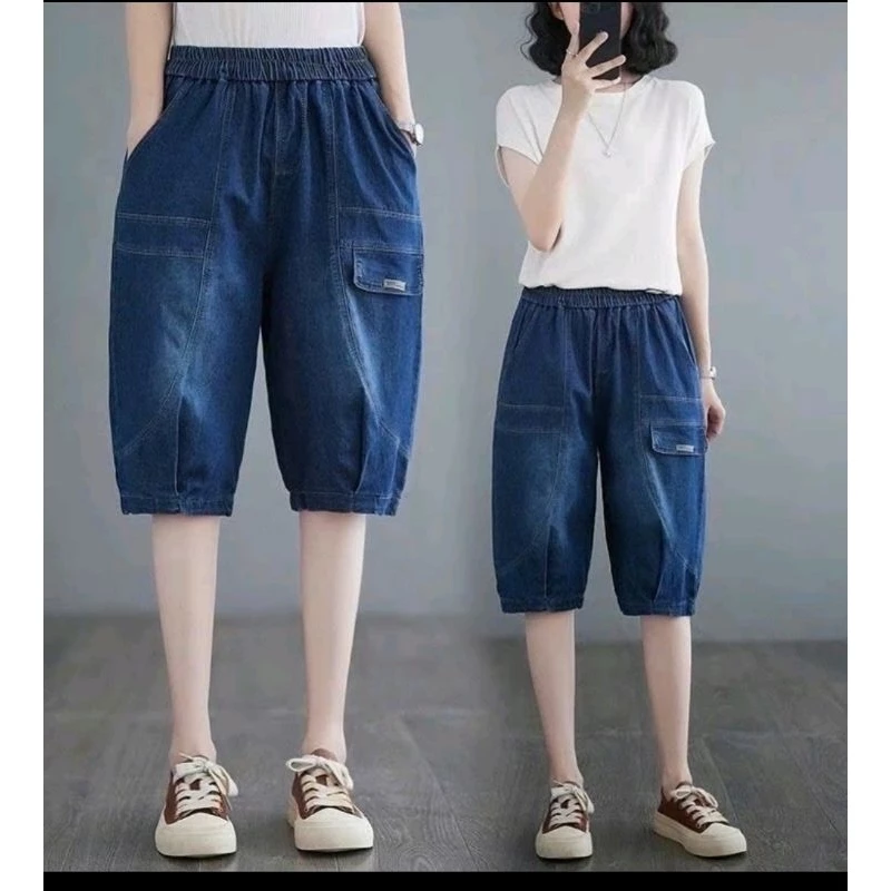 Quần Jean Lửng Dáng Baggy Thụng Phối Nắp Túi Cạp Chun Lưng Cao - Vải Jean Giấy Mềm Mịn Thoáng Mát
