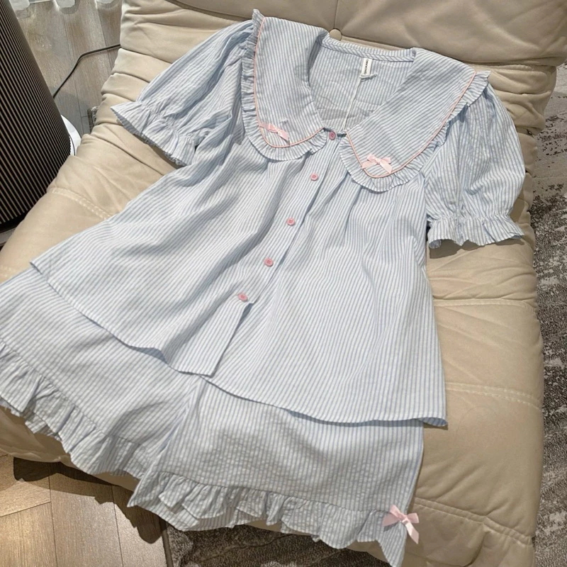 [SẴN] 528_ Bộ ngủ nữ, pijama dài tay cổ Nơ màu hồng xanh pastel kiểu Hàn chất cotton   | Hàng QCCC | 9scat