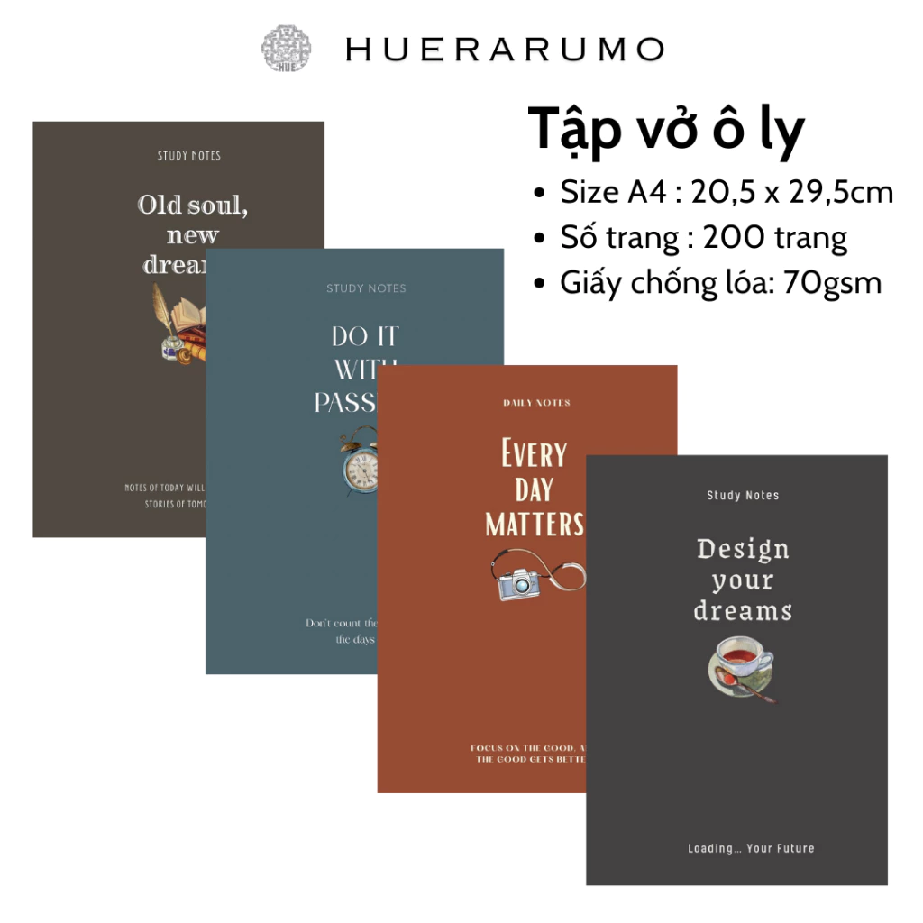Vở ô ly A4 200 trang HUERARUMO, Giấy 70gsm chống lóa,Vở học sinh sinh viên ghi chép học tập.