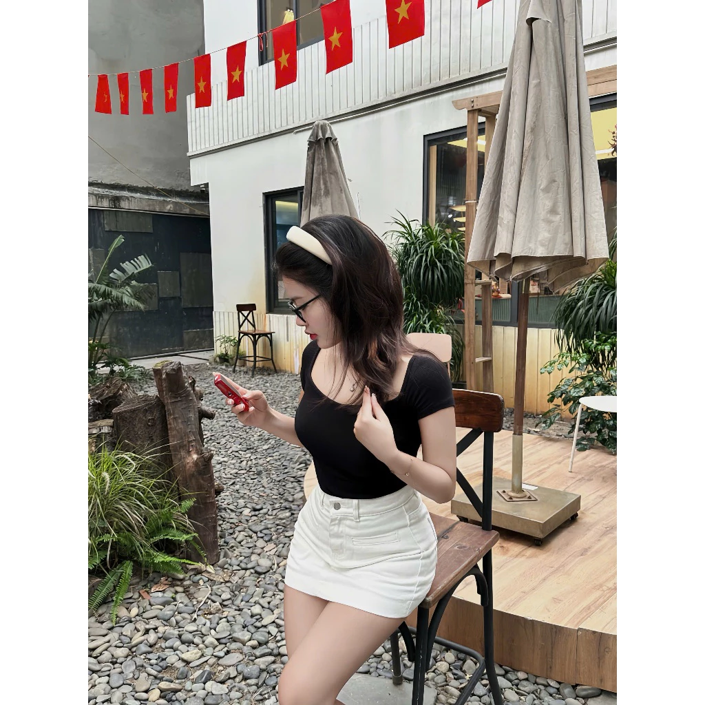 Chân váy Jeans dáng Chữ A Cạp Cao Chất Liệu Denim Mềm Hack Dáng. Chân Váy Bò Basic