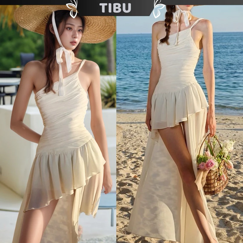 Đầm Maxi Lệch Xoắn Vai Phối Tà Lạ Mắt TIBU Đầm Dự Tiệc Dáng Dài Nhún Eo Hờ Lưng Sang Chảnh Đi Chơi Biển Tôn Dáng D448