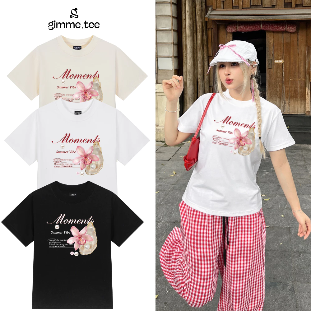 Áo BabyTee Gimme - HOA & NGỌC TRAI - Premium Cotton Sợi Đôi 250gsm - 2 Chiều Cổ Tròn - GMB83